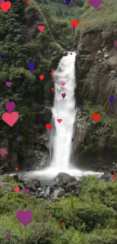 Waterfall with vibrant hearts overlay in lush green landscape.