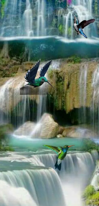 Vibrant hummingbirds fluttering near cascading waterfalls in a lush green setting.