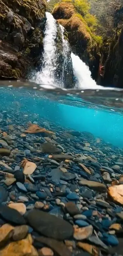 Serene waterfall with clear turquoise river and pebbles in view.