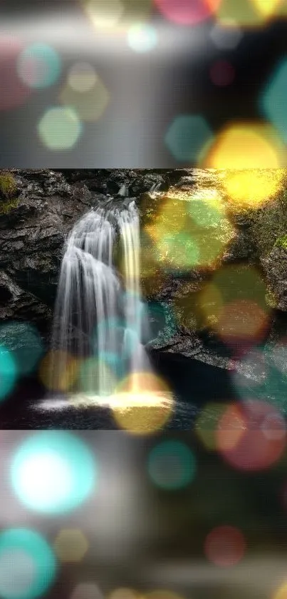 Serene waterfall with bokeh lights mobile wallpaper.