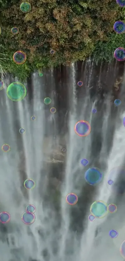 Waterfall with colorful bubbles and green foliage.