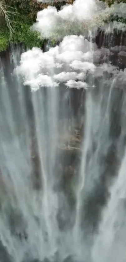 Waterfall and clouds create a serene, dreamy mobile wallpaper.