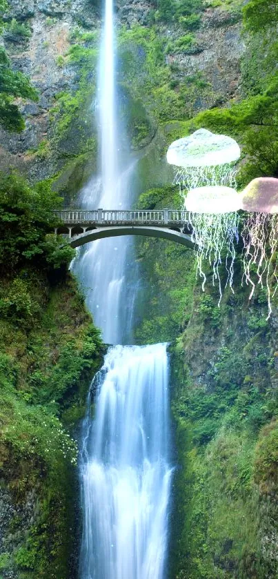 Majestic waterfall with colorful jellyfish floating above in a lush green setting.