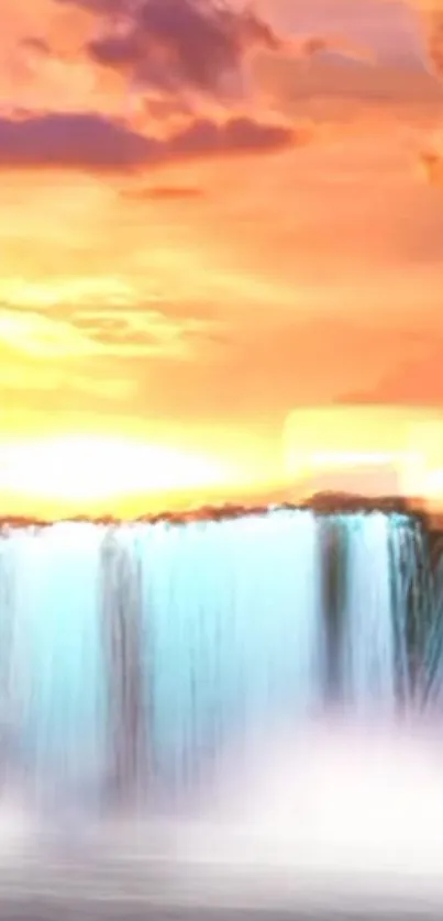 Vibrant sunset over a serene waterfall.