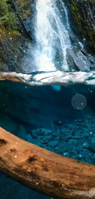 Beautiful waterfall with underwater view, showcasing nature's serenity.