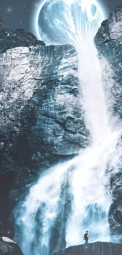 Surreal waterfall cascading from the moon under a starry sky.