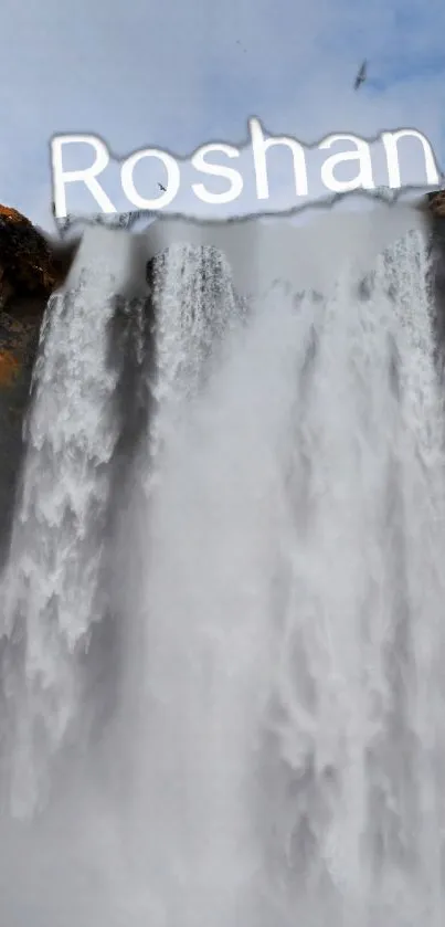 Waterfall wallpaper with custom name and serene landscape.