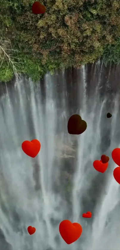 Waterfall with floating hearts mobile wallpaper.