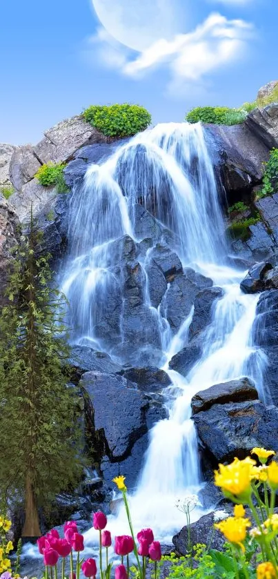 A picturesque waterfall with flowers under a bright sky.