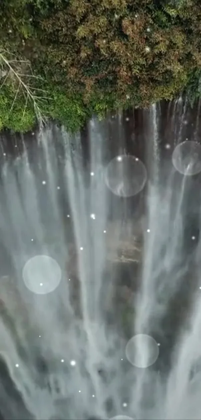 Waterfall cascading through misty green forest with bubbles, creating a calming scene.