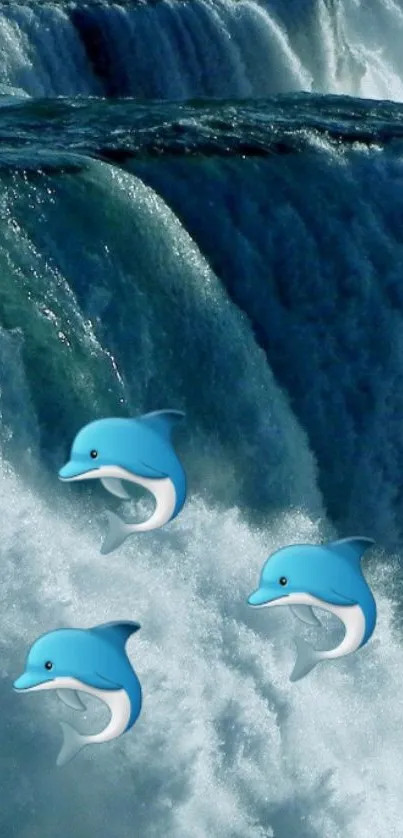 Playful dolphins jumping in waterfall scenery.