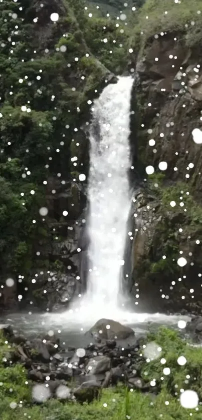 Nature waterfall with snowflakes mobile wallpaper.