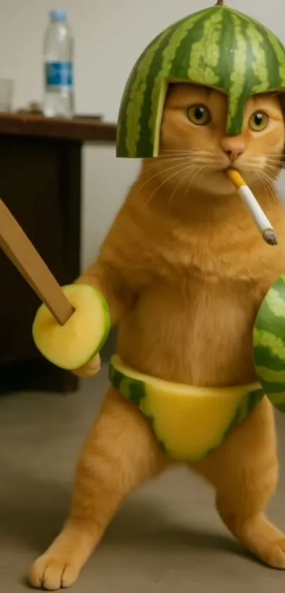 Funny cat in a watermelon costume with a toy sword and shield.