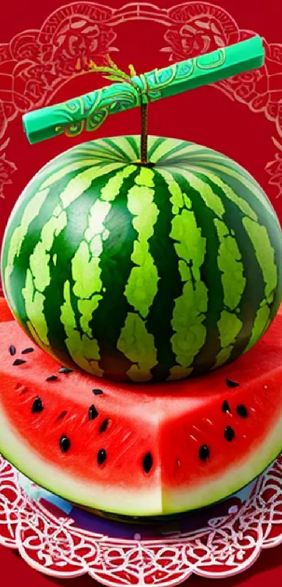 Artistic watermelon with vibrant red background and intricate details.