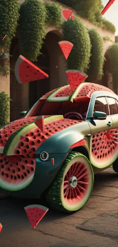 Car with watermelon-themed design parked elegantly with green scenic backdrop.