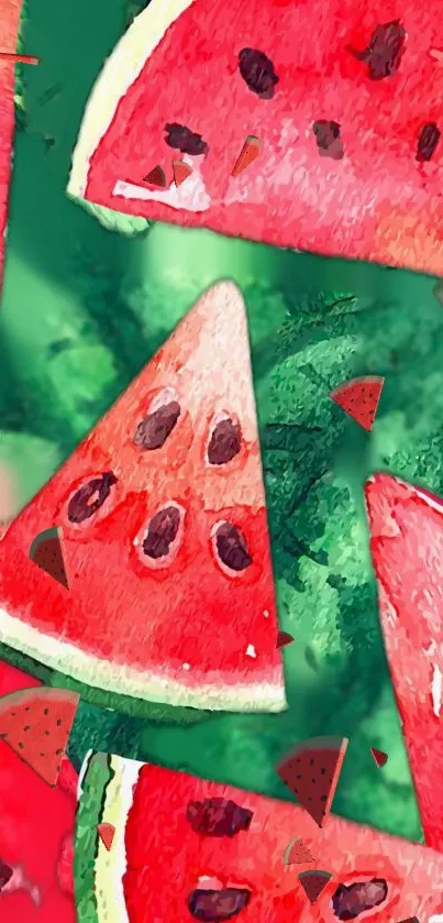 Watermelon slices on a green background, vibrant and fresh.