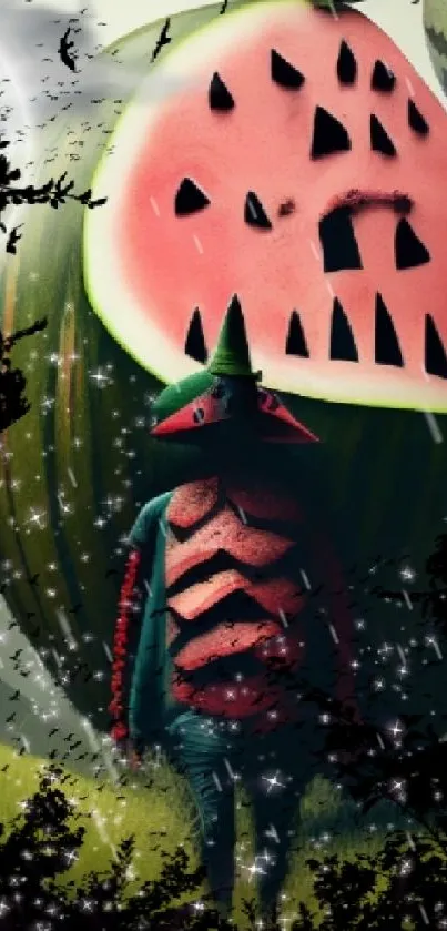 Surreal watermelon fantasy art wallpaper with whimsical elements.