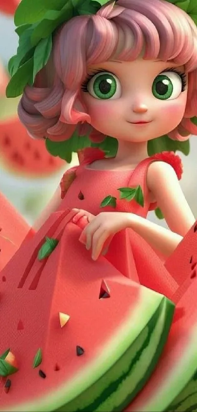 Whimsical character in a watermelon-themed outfit, perfect for a vibrant mobile wallpaper.