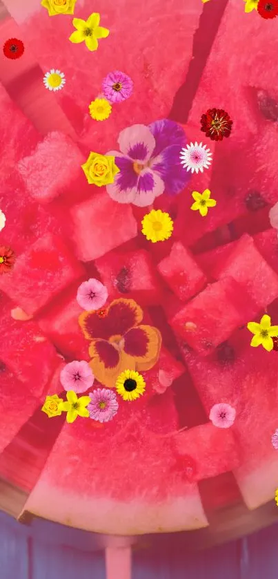 Watermelon and flowers vibrant wallpaper with pink and yellow hues.