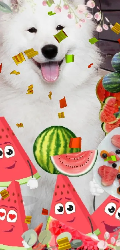 Girl with watermelon and fluffy white dog, surrounded by cartoon fruits.
