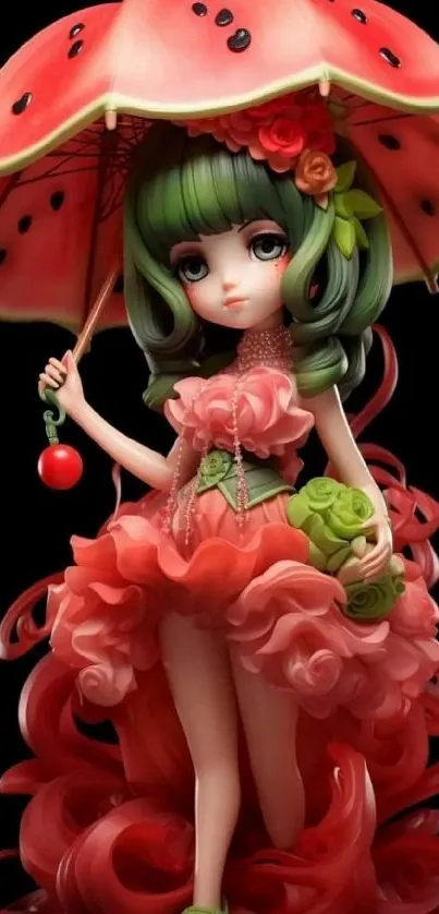 A whimsical girl with watermelon dress and umbrella in vibrant red.