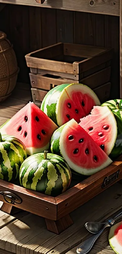 A wooden table with whole and sliced watermelons in a rustic setting.