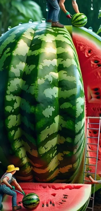 Whimsical giant watermelon with tiny farmers in a surreal setting.