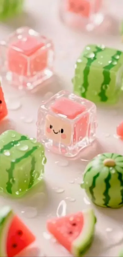 Cute watermelon-themed wallpaper with smiley ice cubes.