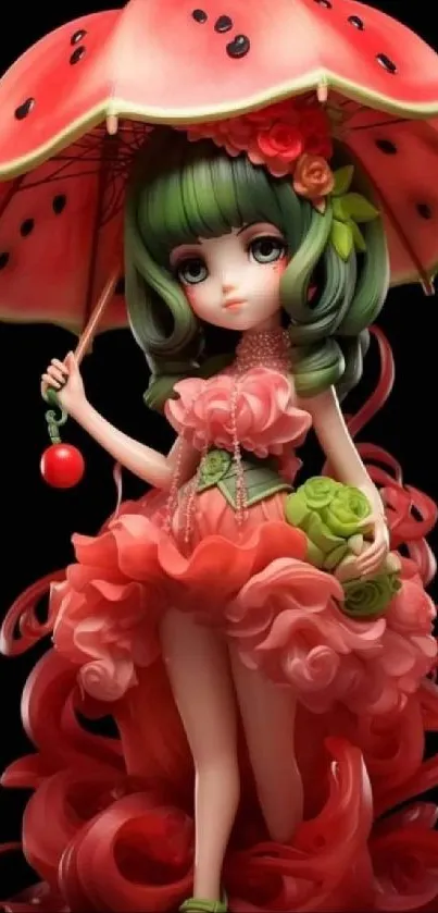 Fantasy art of a lady in a watermelon-themed dress and umbrella.