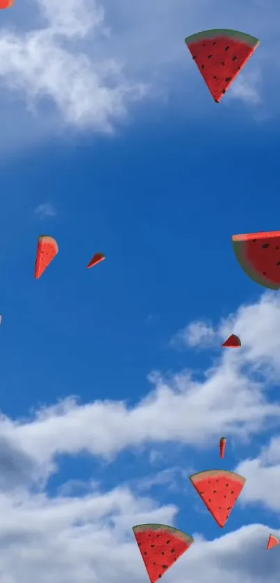 Watermelon slices floating in a bright blue sky with clouds.