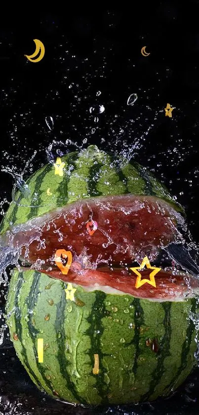 A fresh watermelon splitting open with water splashes against a dark background.