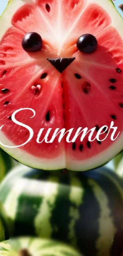 Cheerful watermelon slice with cute face for summer wallpaper.