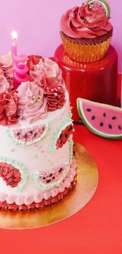 Watermelon-themed cake and cupcake with pink frosting for party wallpaper.