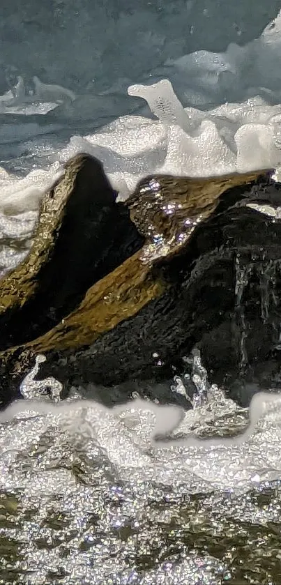 Waves crashing on dark rocky shore with foaming water.