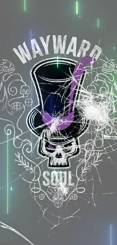 Wayward Soul skull design with top hat on gray background.