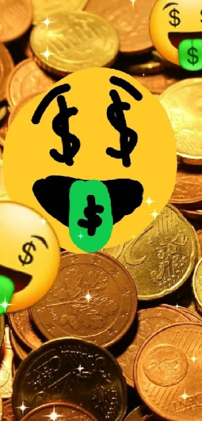 Emojis with dollar eyes on coins, vibrant gold.