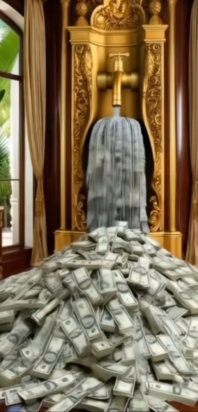 Fountain overflowing with cash in a luxurious setting.