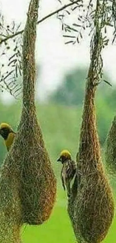 Weaver birds perched on hanging nests amid lush green landscape.