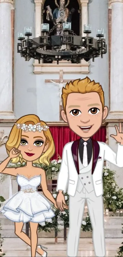 Charming cartoon couple in a wedding setting with elegant background.