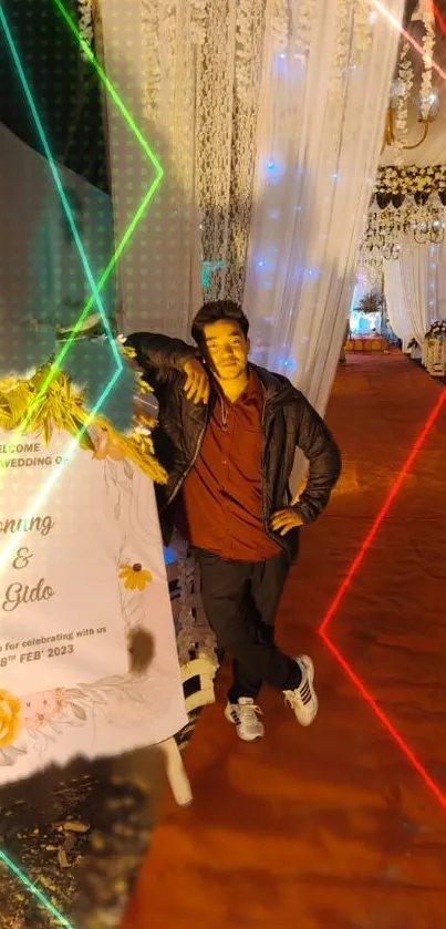 Vibrant wedding celebration with laser lights and elegant decor.