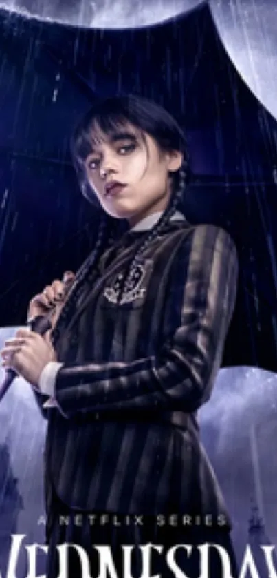 Wednesday Addams stands under an umbrella in a dark, rainy scene.