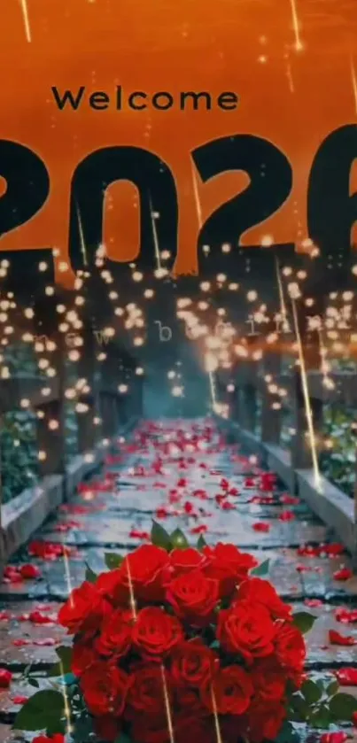 Welcome 2026 wallpaper with roses and sparkles on a pathway.