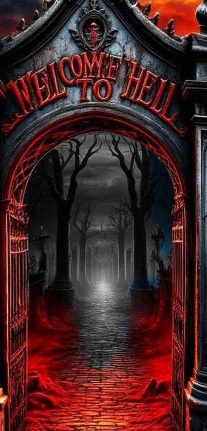 A gothic gate with 'Welcome to Hell' and fiery red tones.