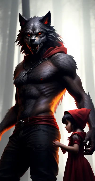 Werewolf with red-eyed girl in forest wallpaper.