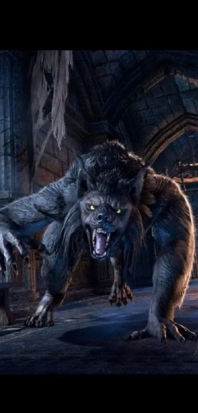 Fierce werewolf in a dark, haunted castle setting.