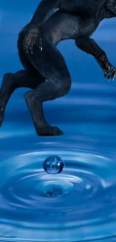 Werewolf leaping over shimmering blue water ripples.