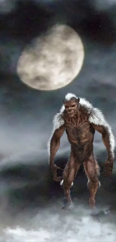 Werewolf standing in fog with full moon in background.
