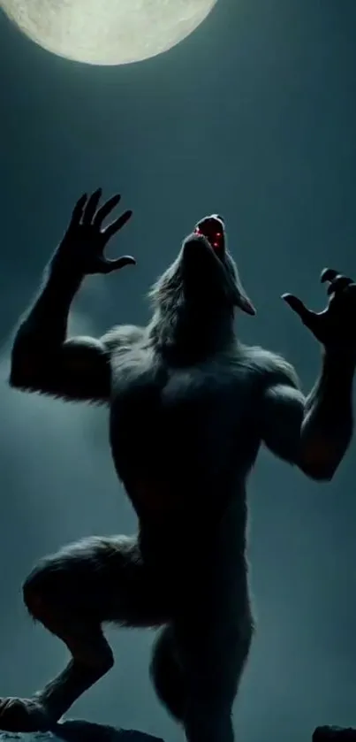 Werewolf howling under a full moon at night.