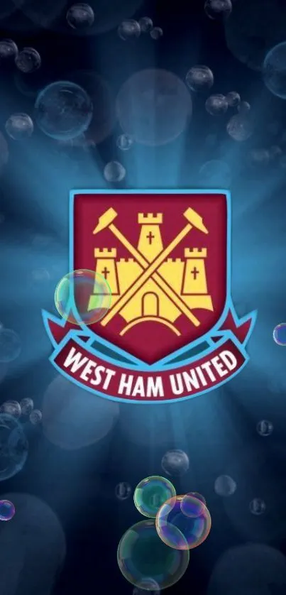 West Ham United logo on dark blue bubble background.