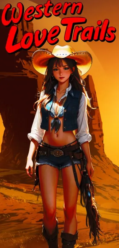 Anime cowgirl in a sunset desert setting, vibrant mobile wallpaper.